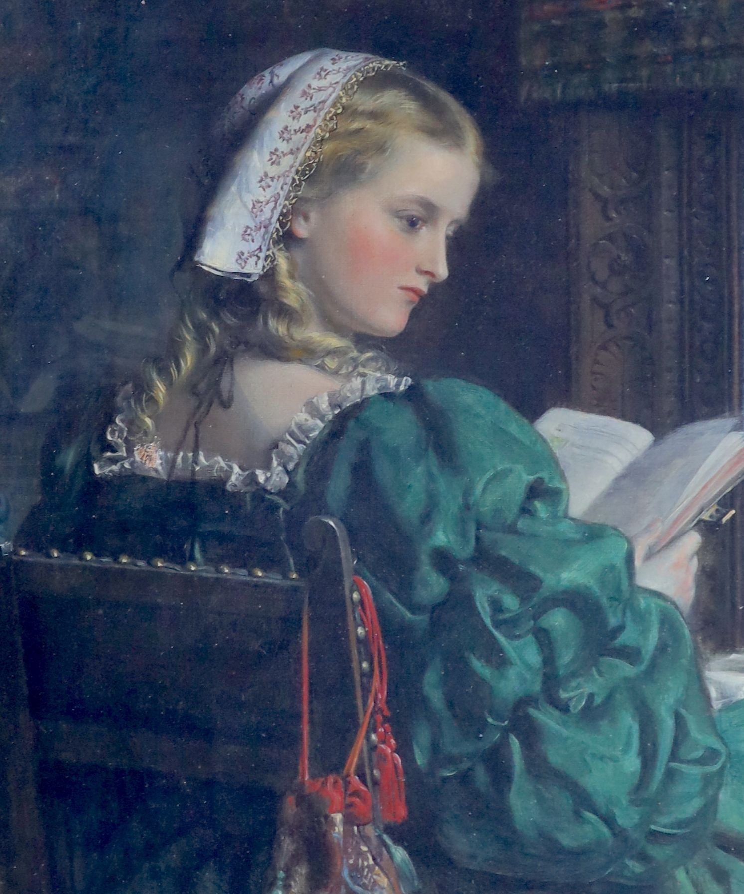 Francis John Wyburd (1826-1893), 17th-century interior with lady reading a book, Oil on canvas, 30 x 24cm.
